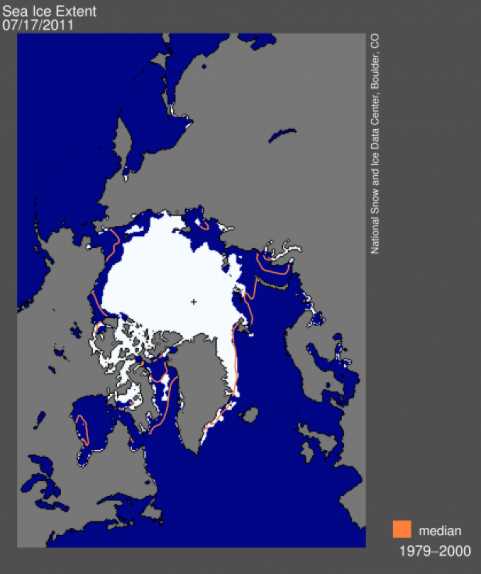 2011年7月17日，北极海冰范围为756万平方公里(292万平方英里)。橙色的线显示的是1979年到2000年这一天的中值。黑色的十字表示地理上的北极